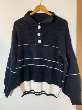 Black & White Striped Cowl Button Sweater